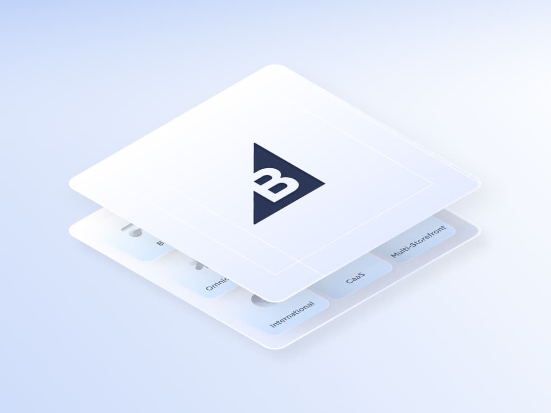 Cartes numériques empilées présentant les fonctionnalités de BigCommerce, notamment Multi-Storefront, CaaS et International.